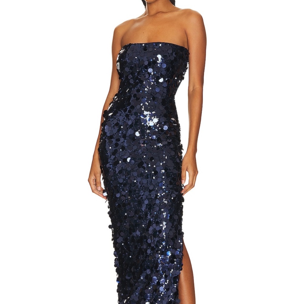 Navy Strapless Sequin Dress